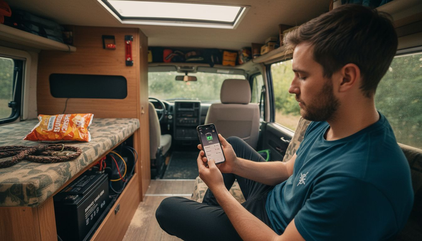 Person using phone battery monitor in campervan