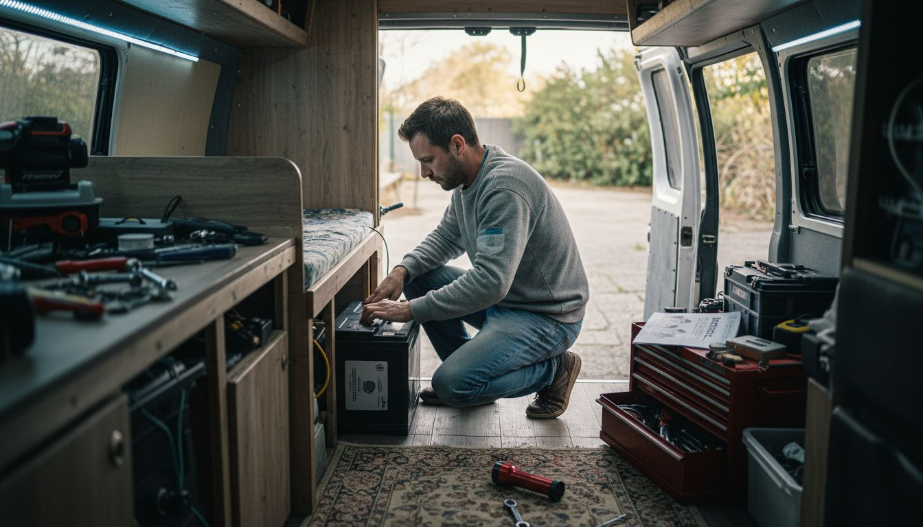 Technician installs lithium-ion battery in van