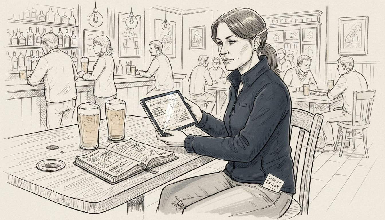 Pub manager reviewing POS sales data