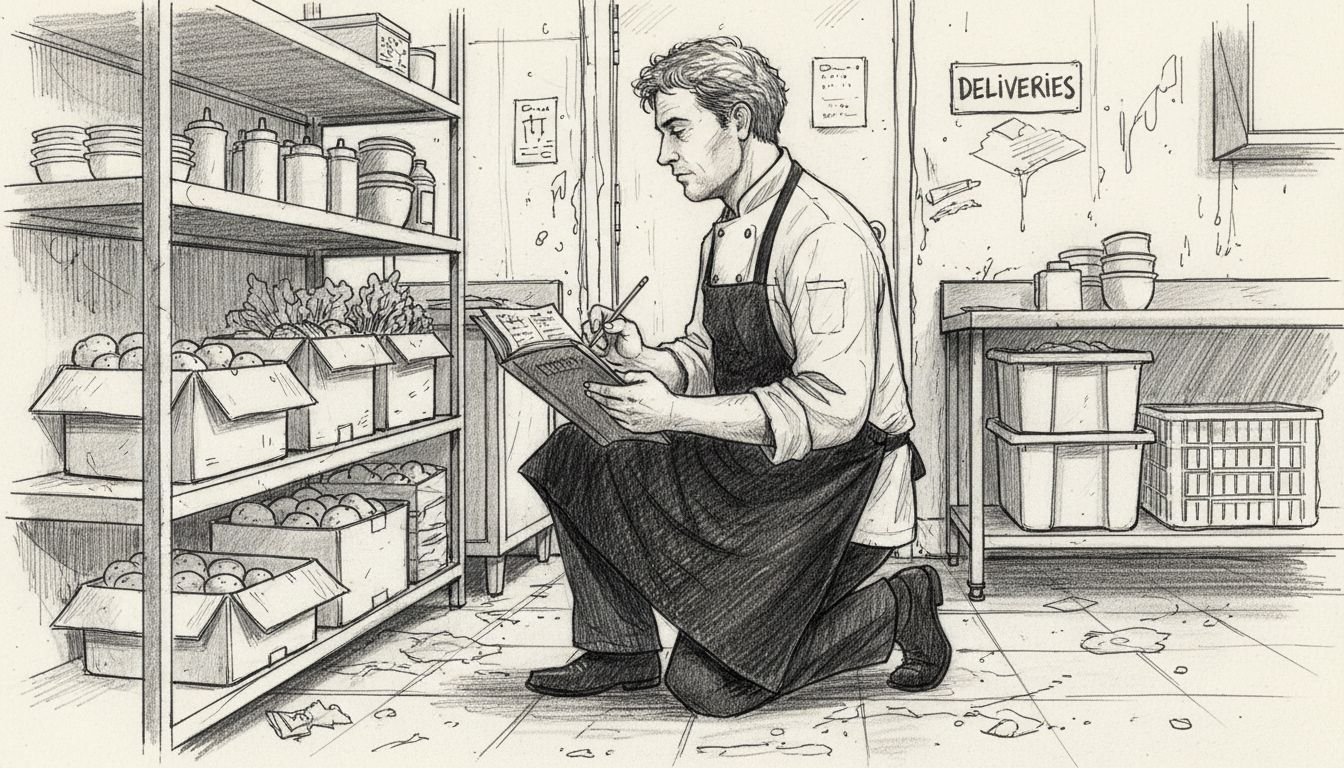 Chef taking stock in kitchen storage