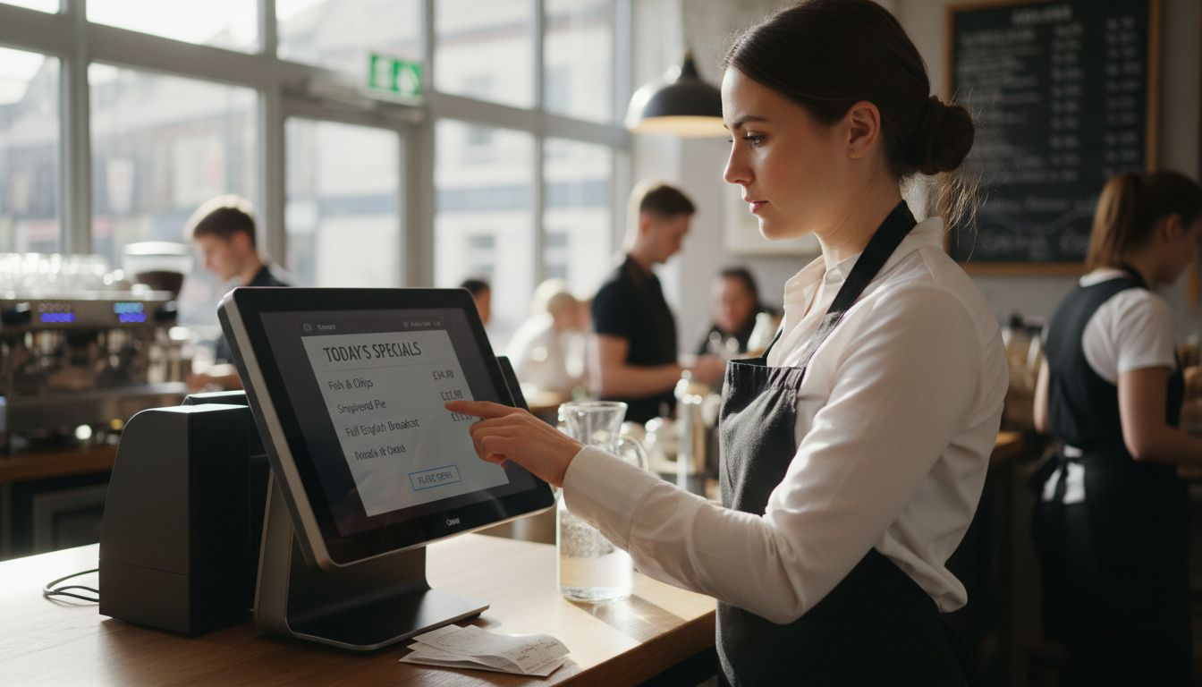Waitress entering order at café POS terminal