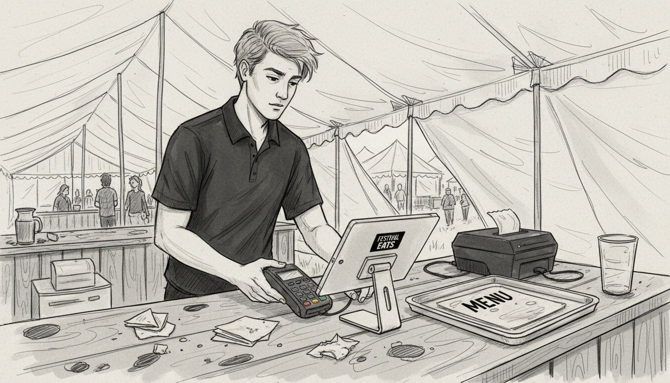 Technician sets up POS hardware in catering tent
