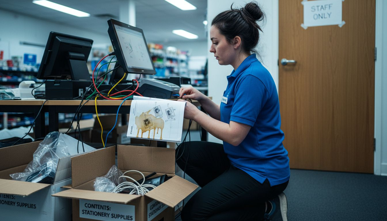 Employee assembling POS system in stockroom