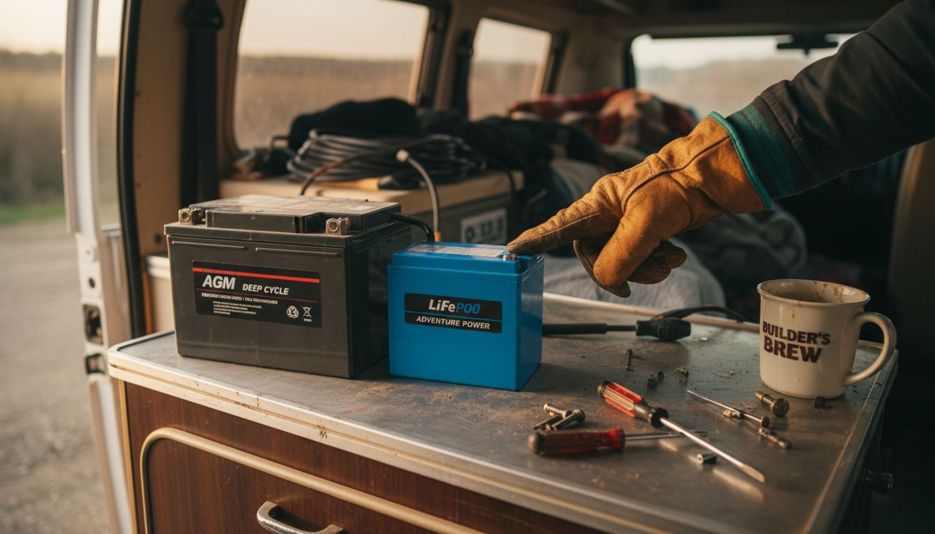 AGM and lithium batteries on campervan workbench