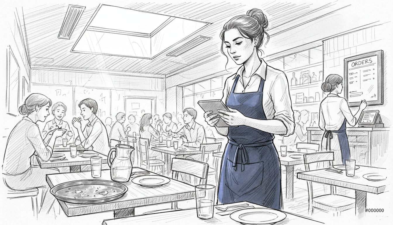 Waitress using tablet POS in bistro