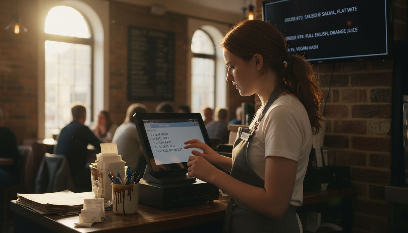 Café waitress using touchscreen POS terminal