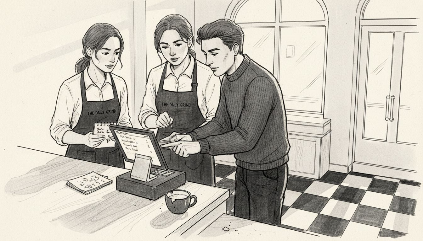 Café staff collaborating at POS station