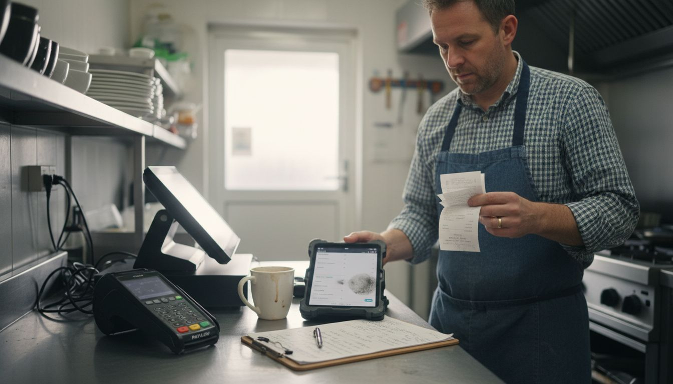 Restaurant owner comparing POS devices