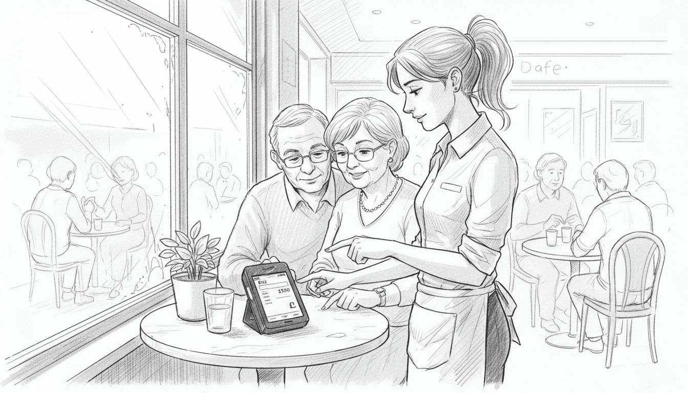 Waitress using handheld POS at café table