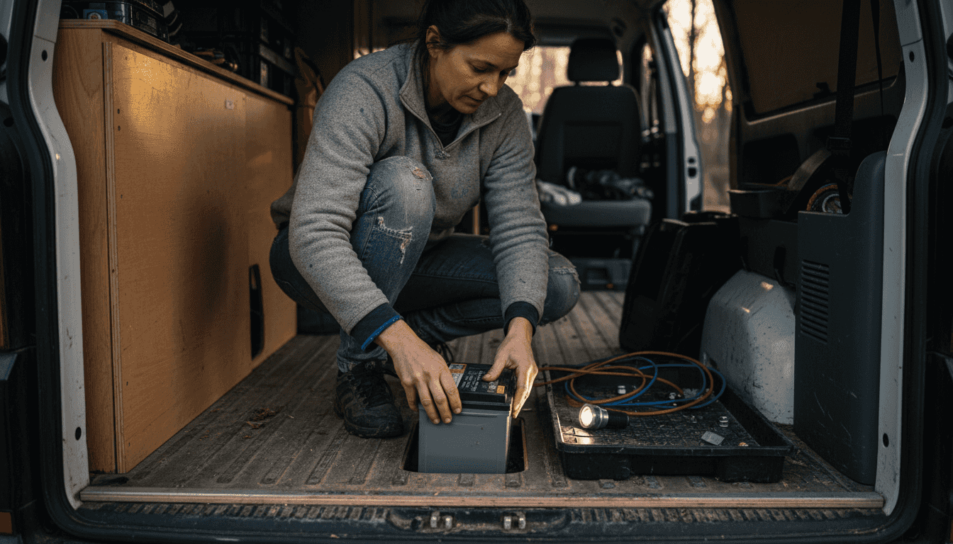 Woman installing lithium leisure battery