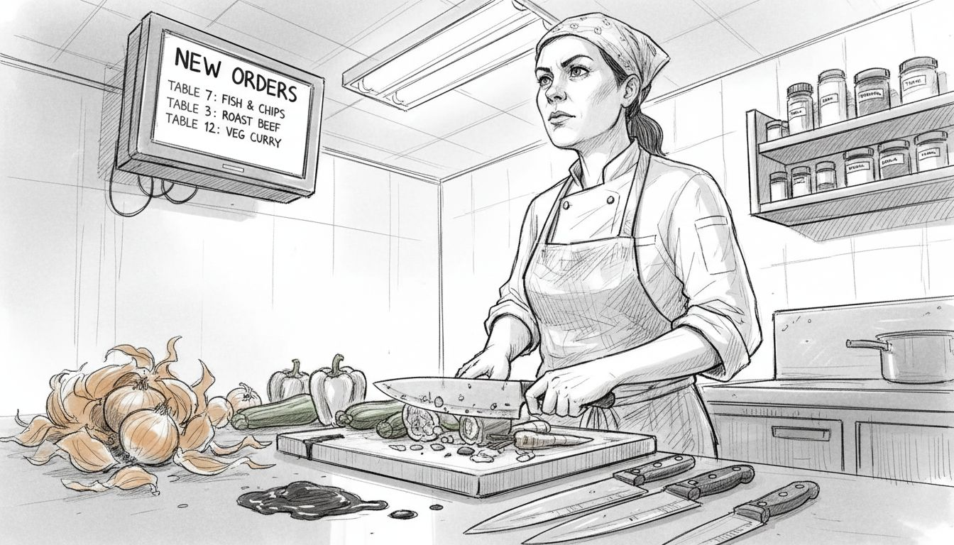 Sous chef checks kitchen orders on screen