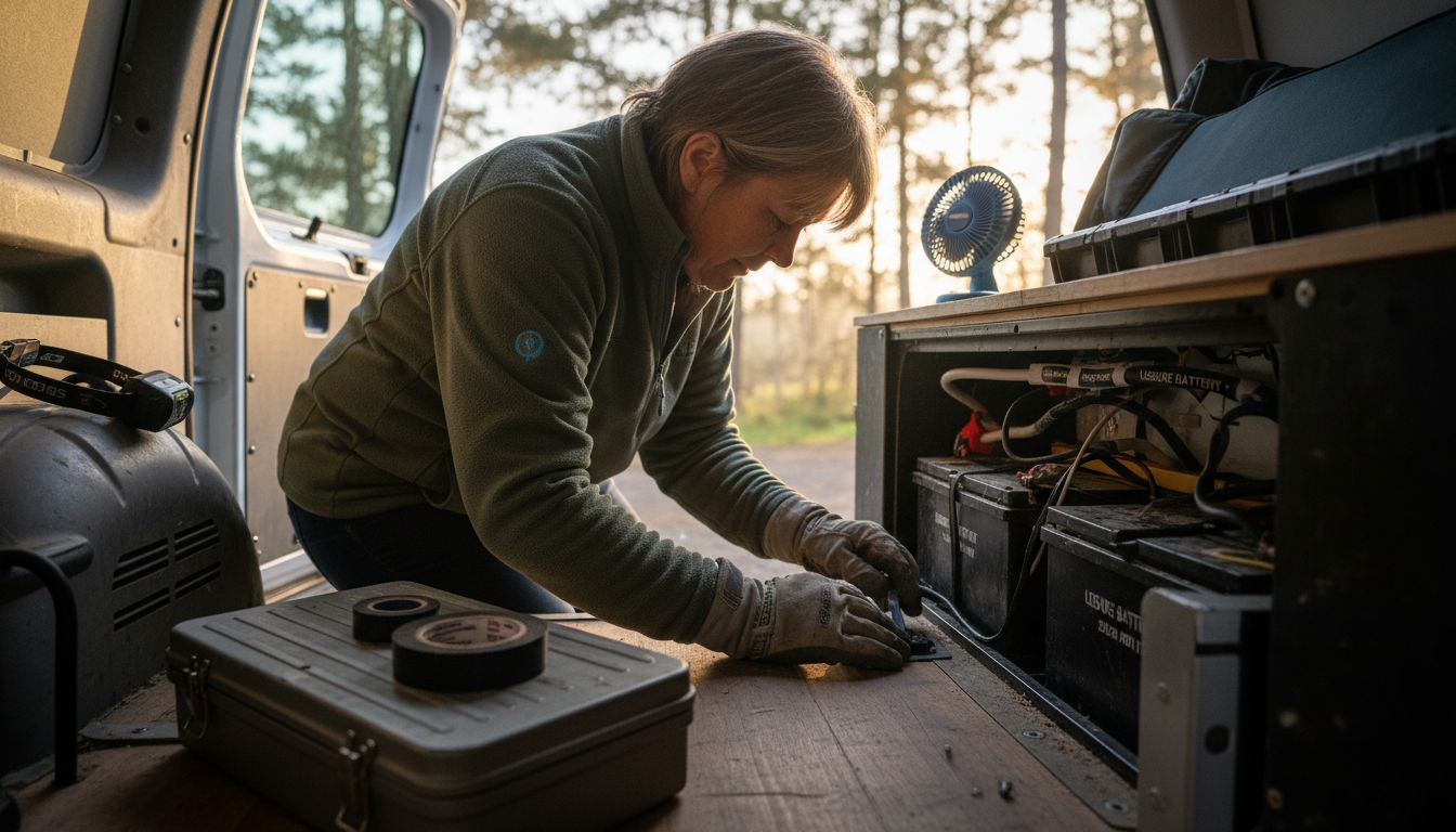 Woman checking campervan battery compartment ventilation