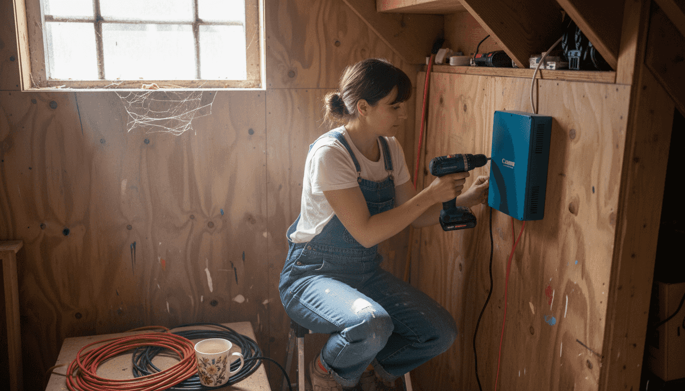 Woman installing inverter in off-grid utility room