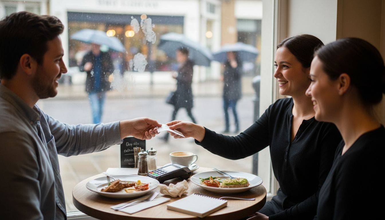 Server completing payment for happy diners