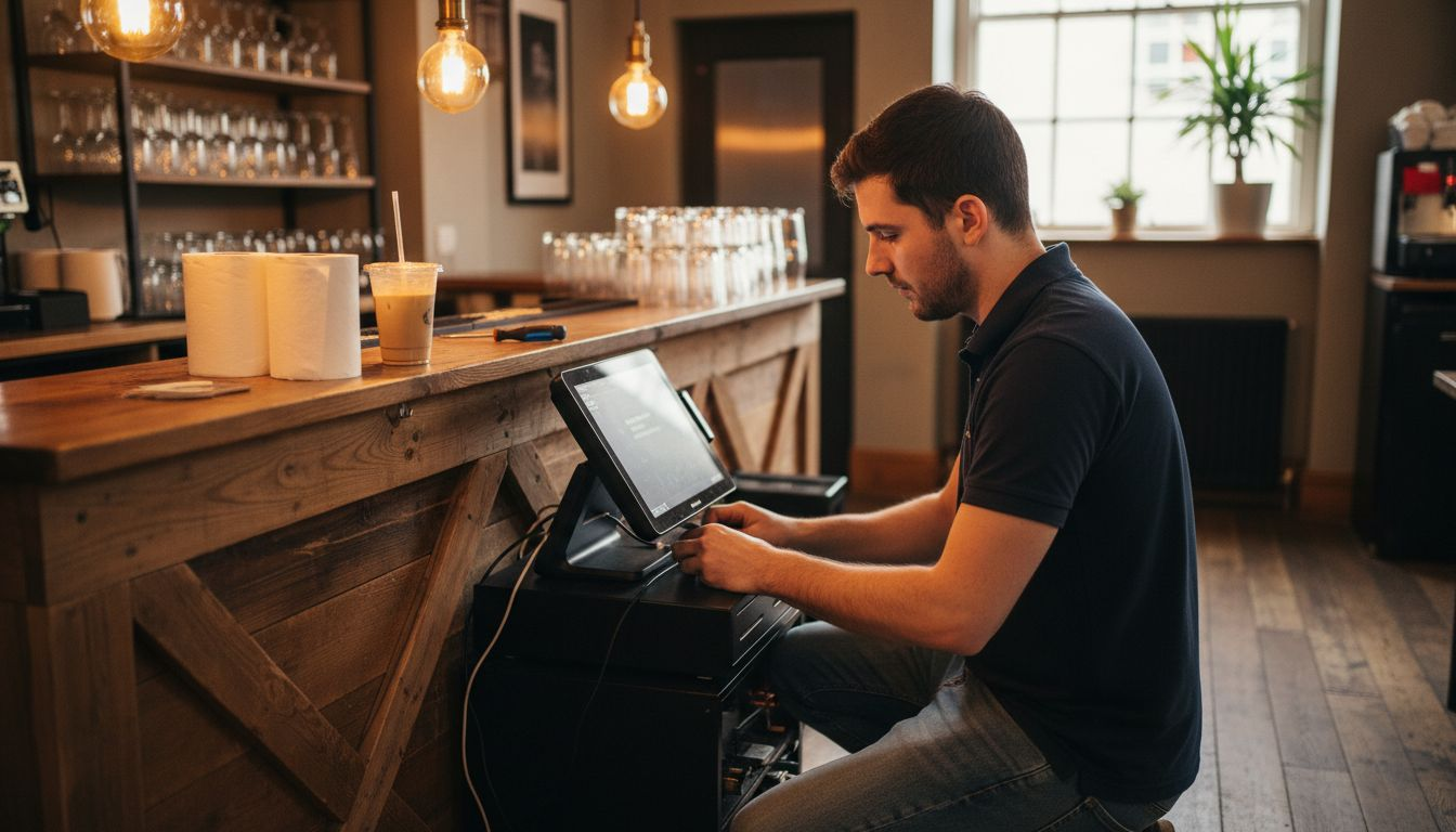 Technician connecting restaurant POS terminal cables