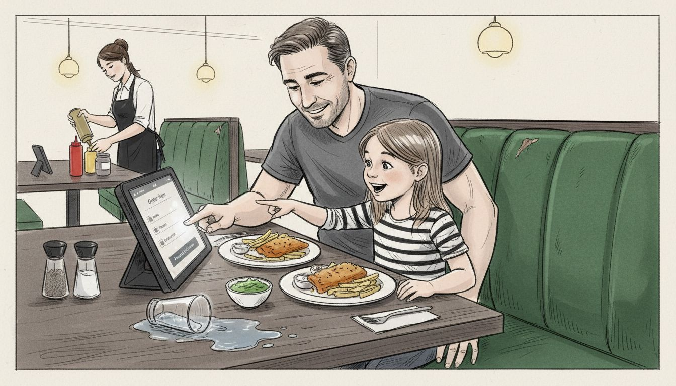 Family using restaurant tablet ordering device