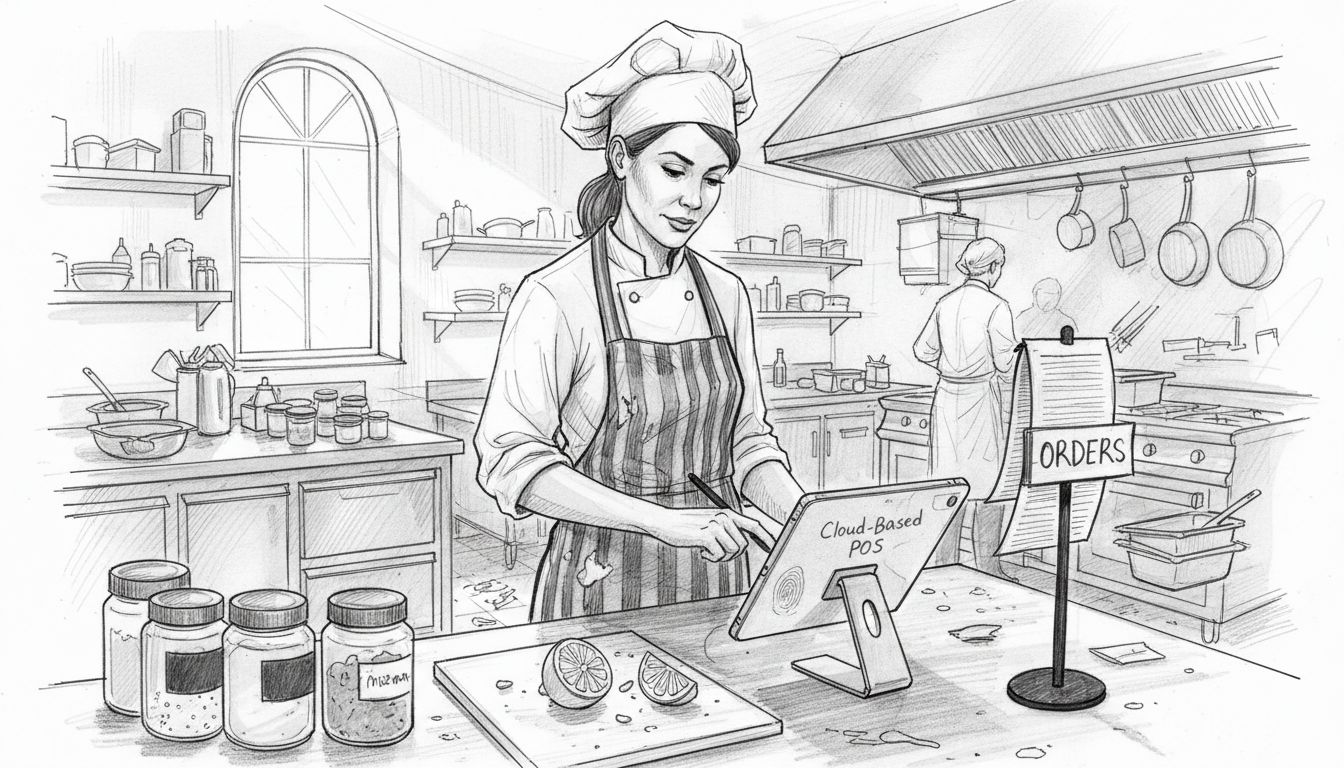 Chef checking cloud POS in event kitchen