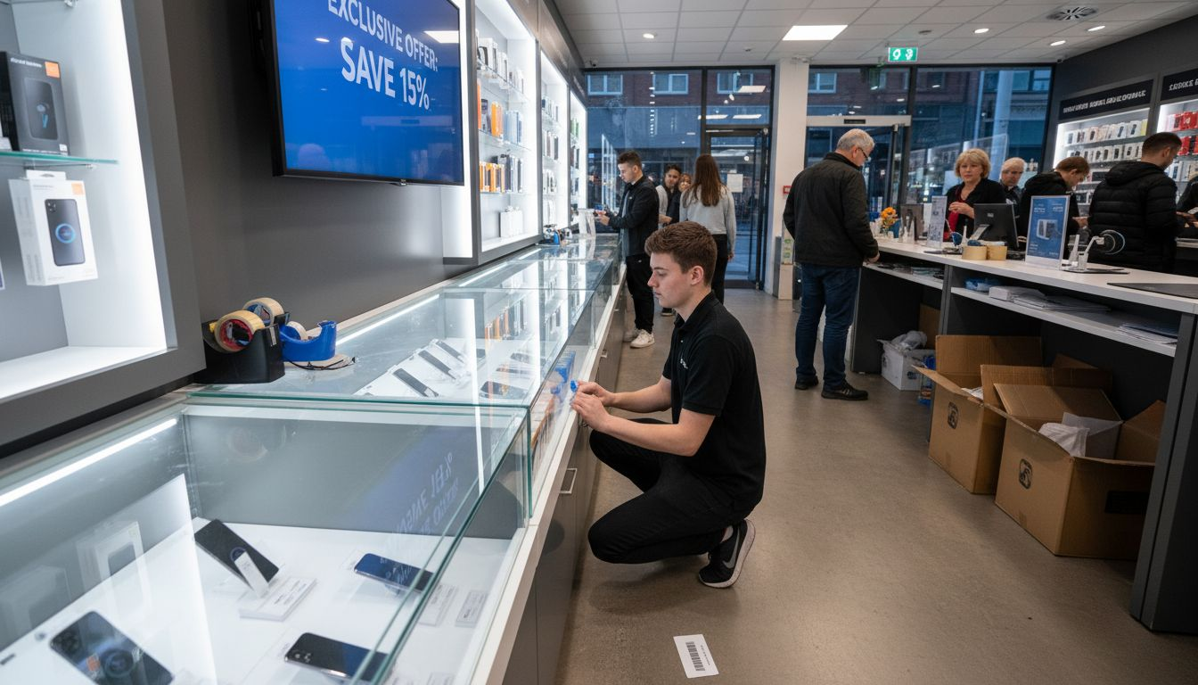 Shop worker under indoor digital signage screen