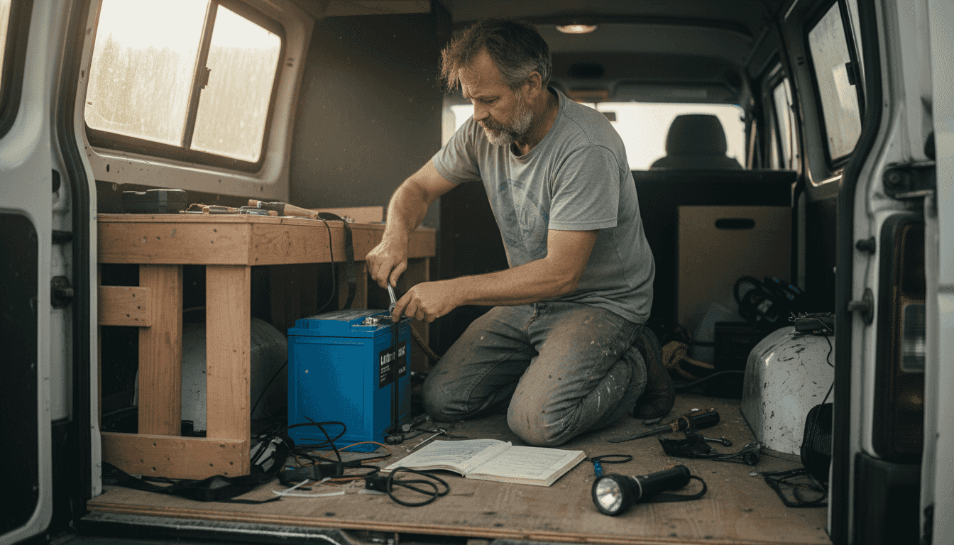 Man installing lithium battery in campervan