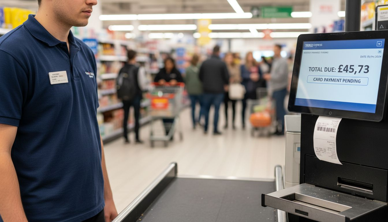 Cashier monitoring UK self-checkout system