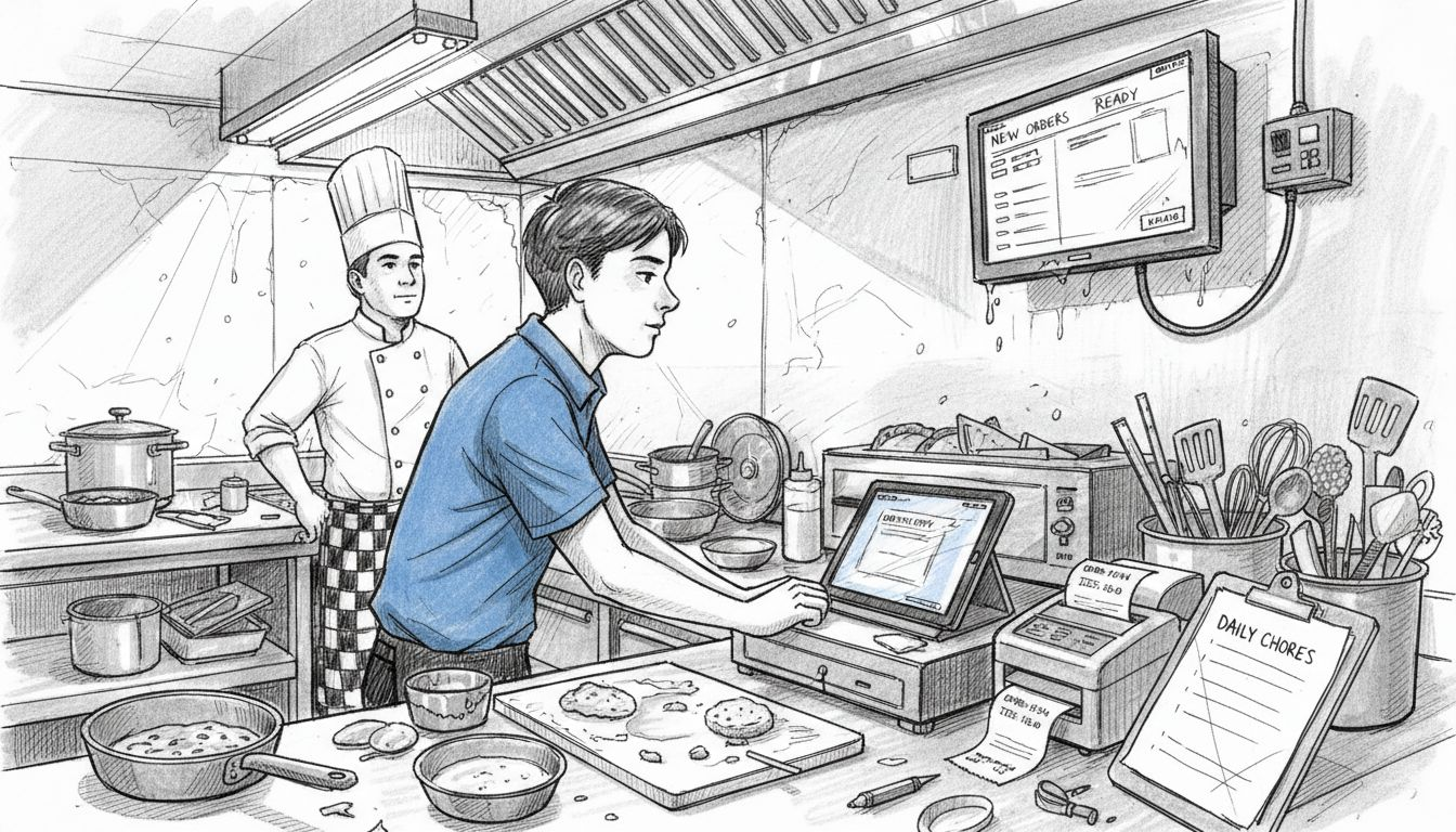 Staff using POS with integrated displays in kitchen
