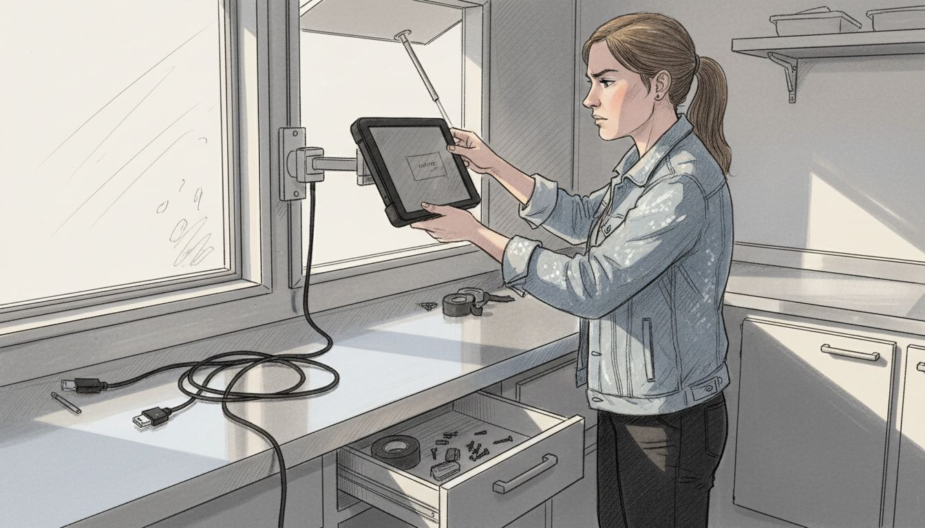 Woman mounting tablet POS in food truck