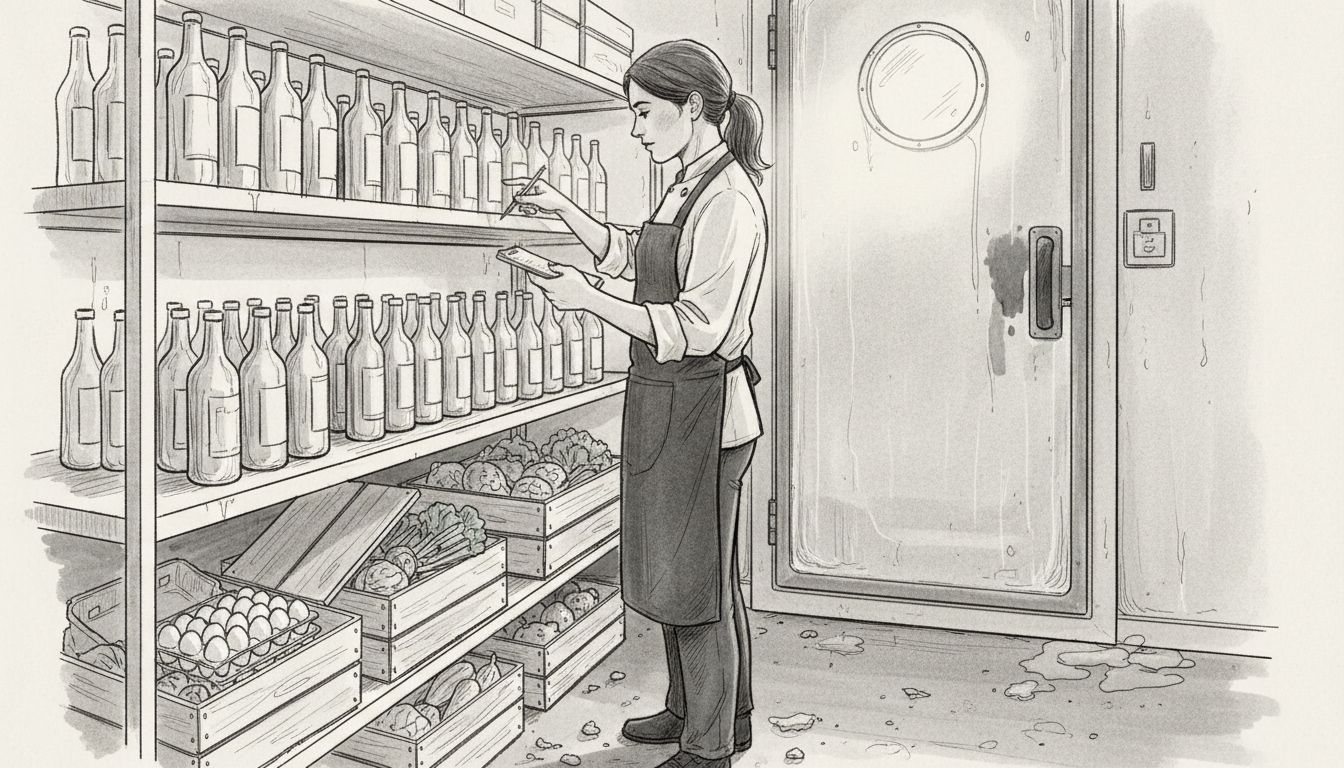 Sous chef auditing stock in cooler