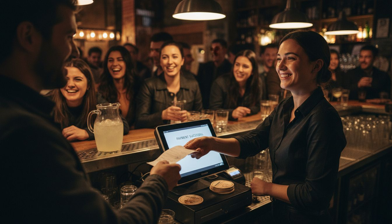 Bartender using modern all-in-one POS terminal