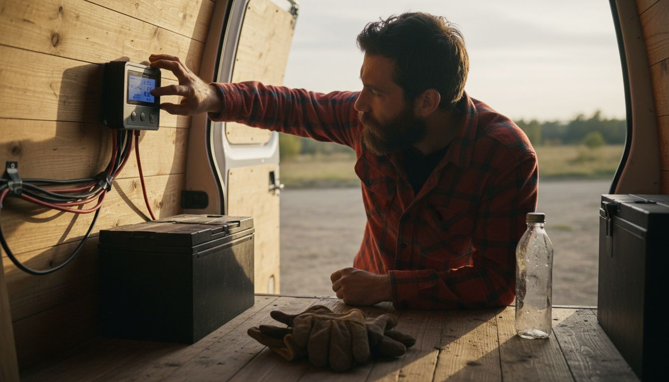 Person checking campervan solar controller setup