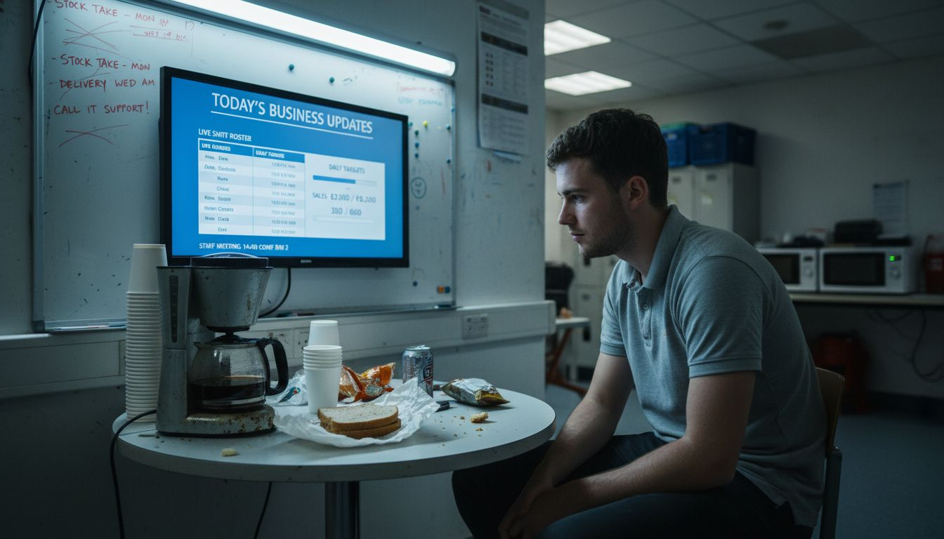 Retail staff member checks digital noticeboard in breakroom