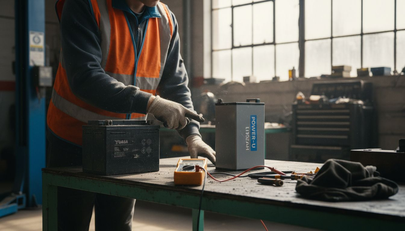 Technician comparing lithium and lead-acid batteries