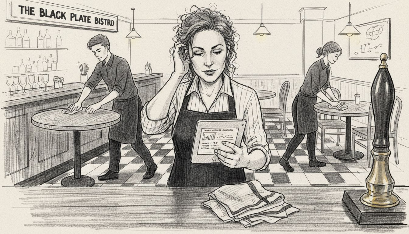 Restaurant supervisor checks POS tablet behind bar