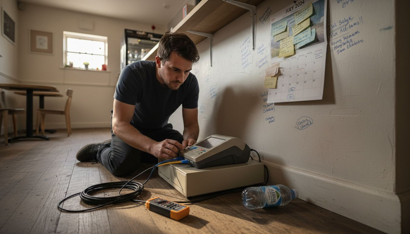 Technician installing POS terminal hardware
