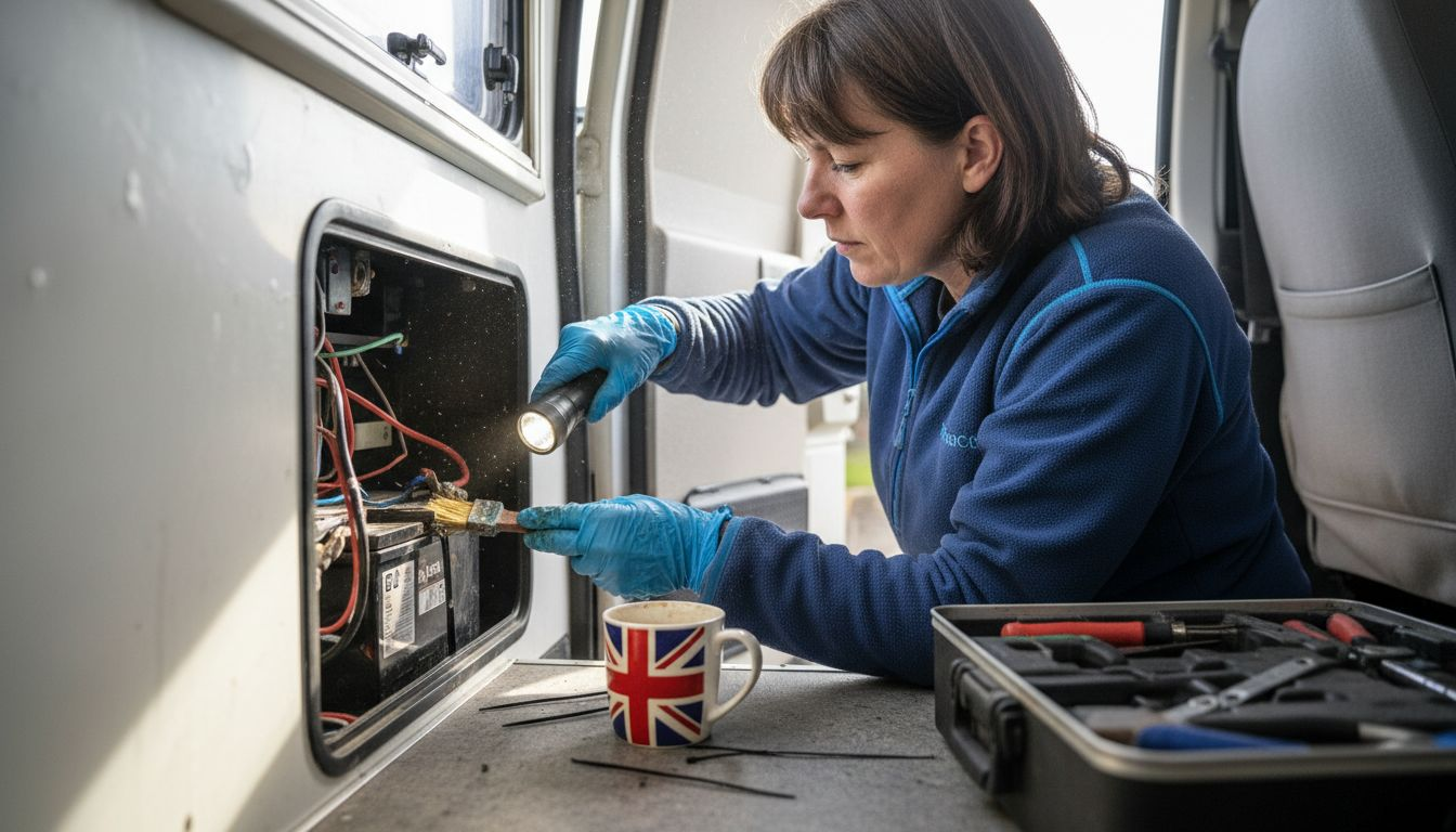Technician cleans battery terminals campervan