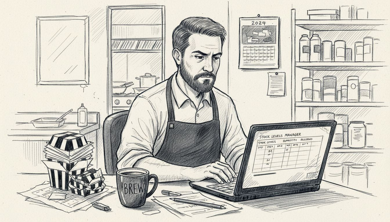 Manager entering inventory data at office table