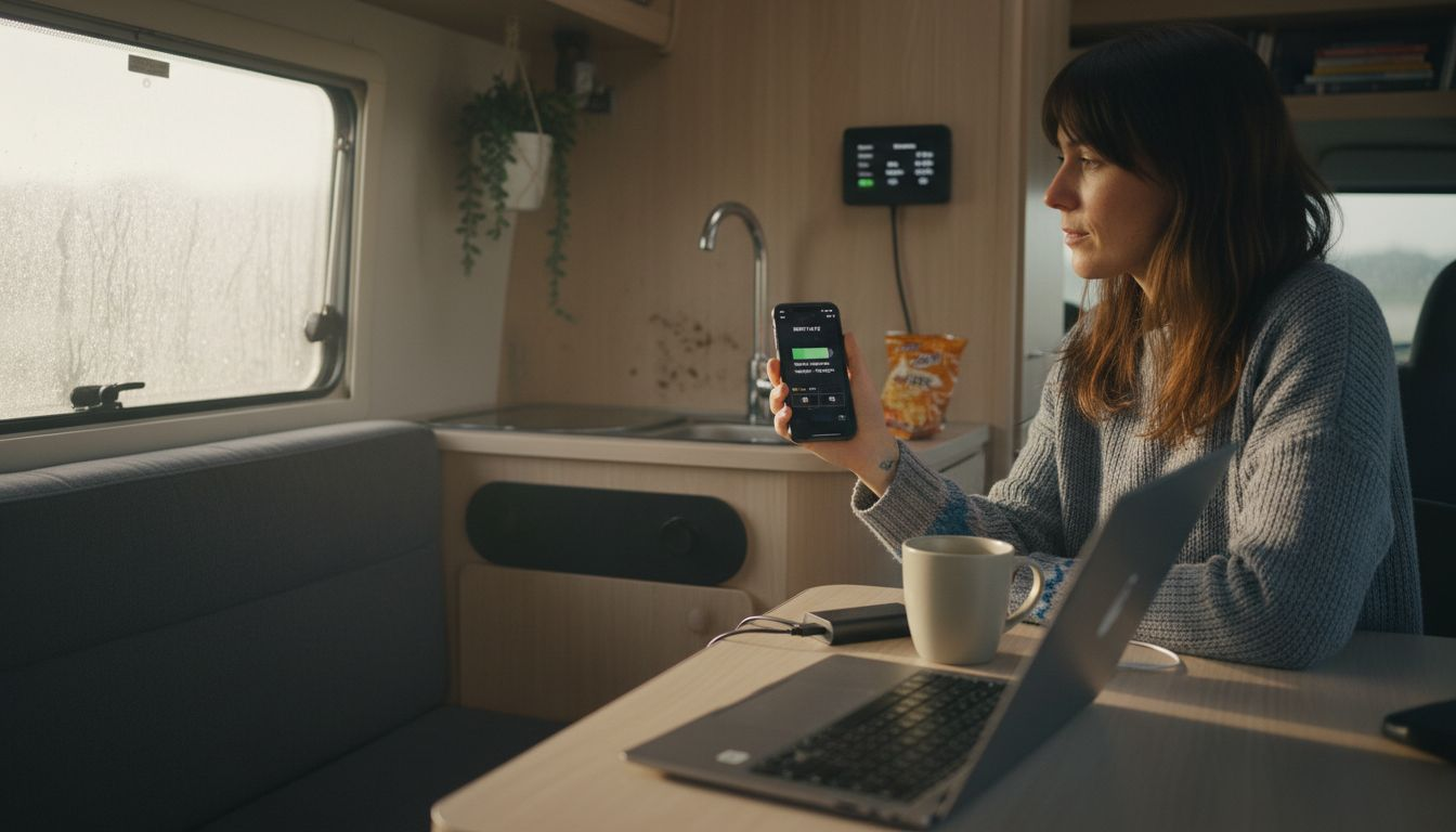 Checking battery monitor in campervan kitchen