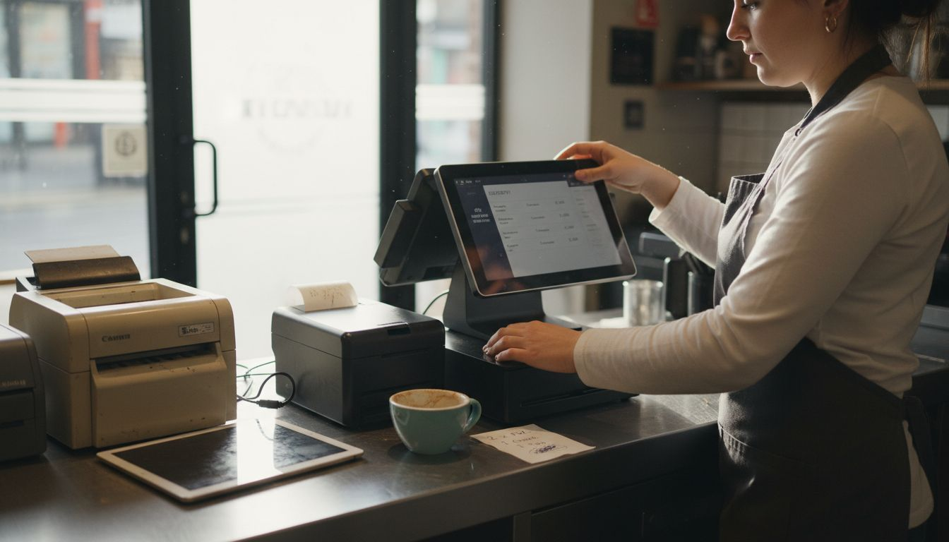 Supervisor setting up POS hardware at café counter