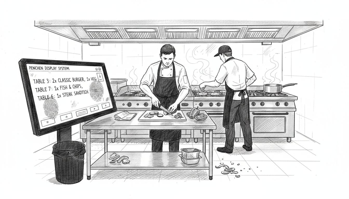 Sous chef works by order screen and prep area