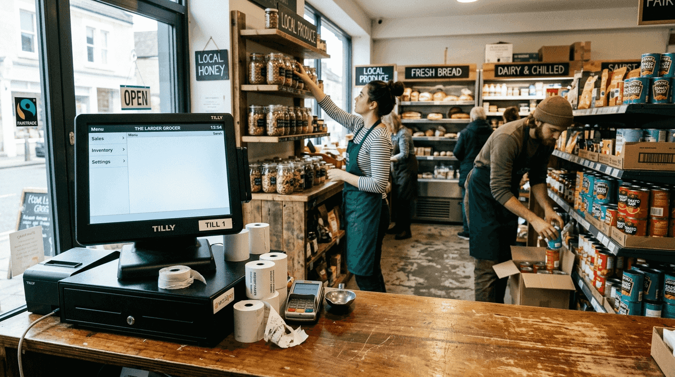 Traditional POS terminal in busy UK grocery