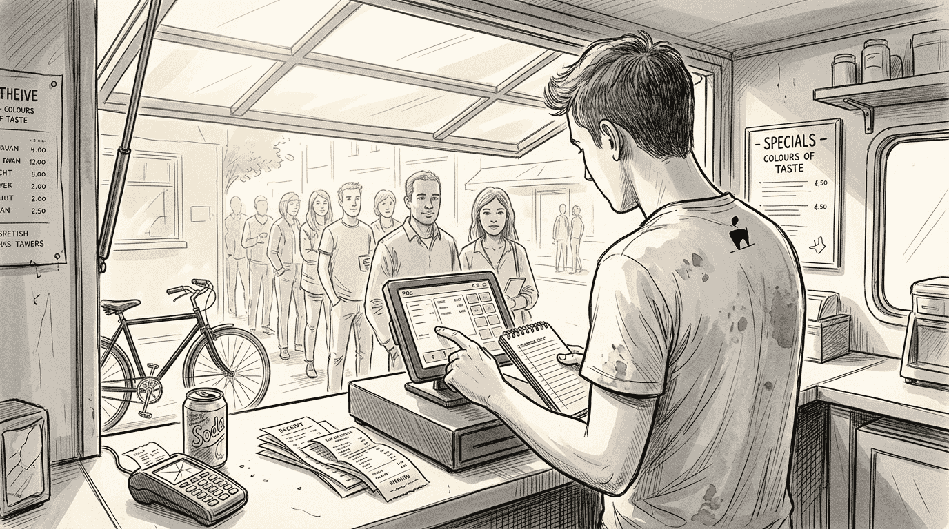 Food truck server uses touchscreen POS terminal