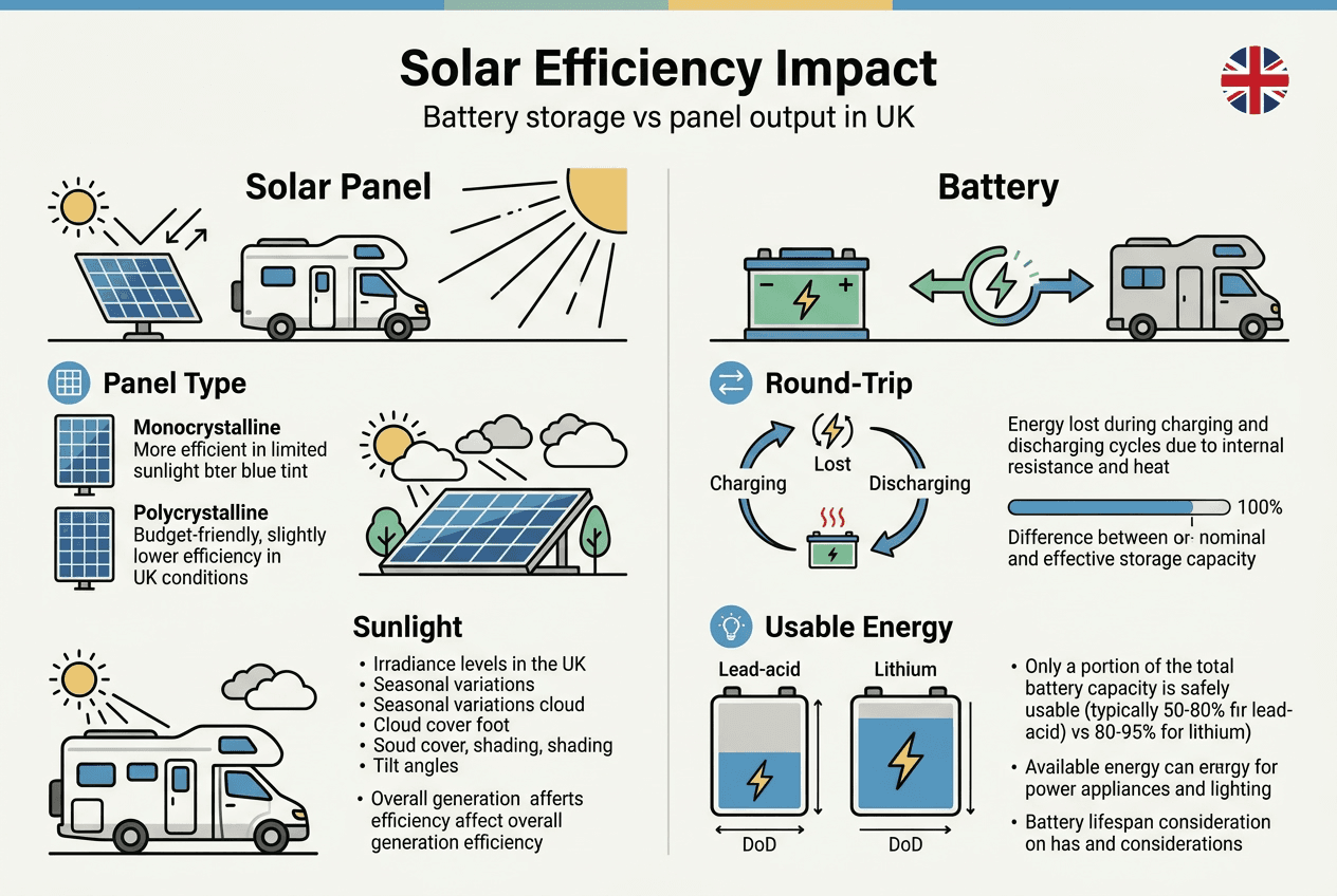 Infographic showing solar and battery efficiency factors