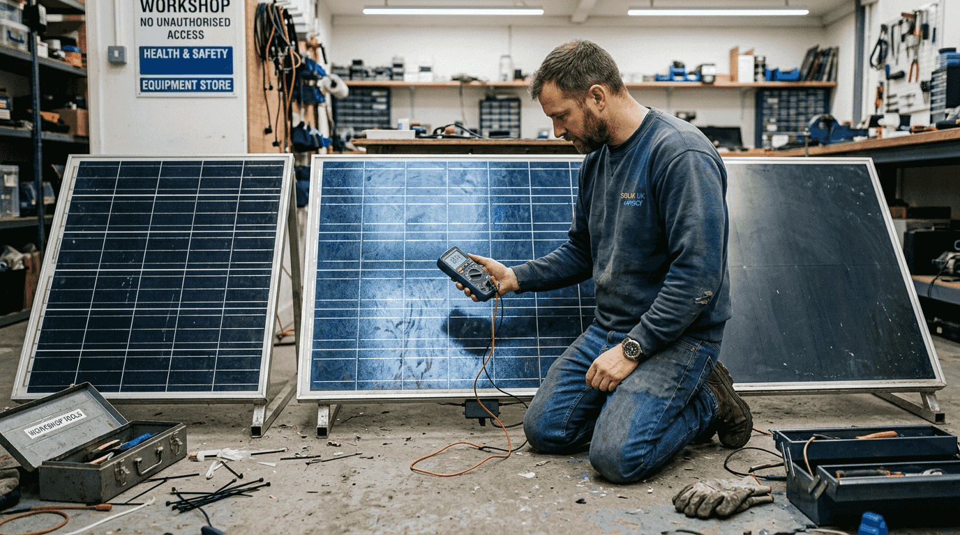 Technician comparing three solar panel types