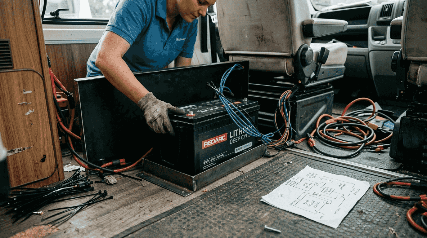 Woman mounting lithium battery under motorhome seat