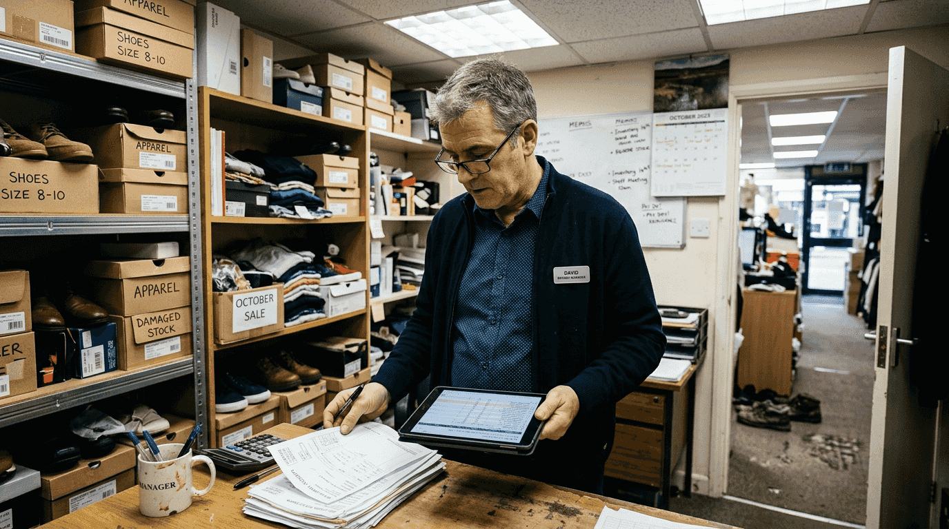 Manager reviewing inventory data in back office