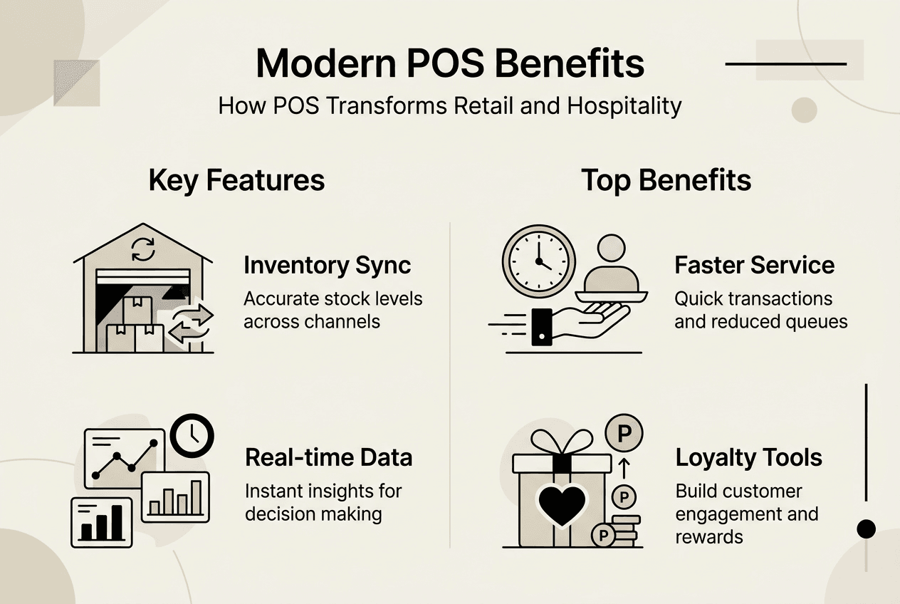 Infographic summarizing modern POS system benefits and features