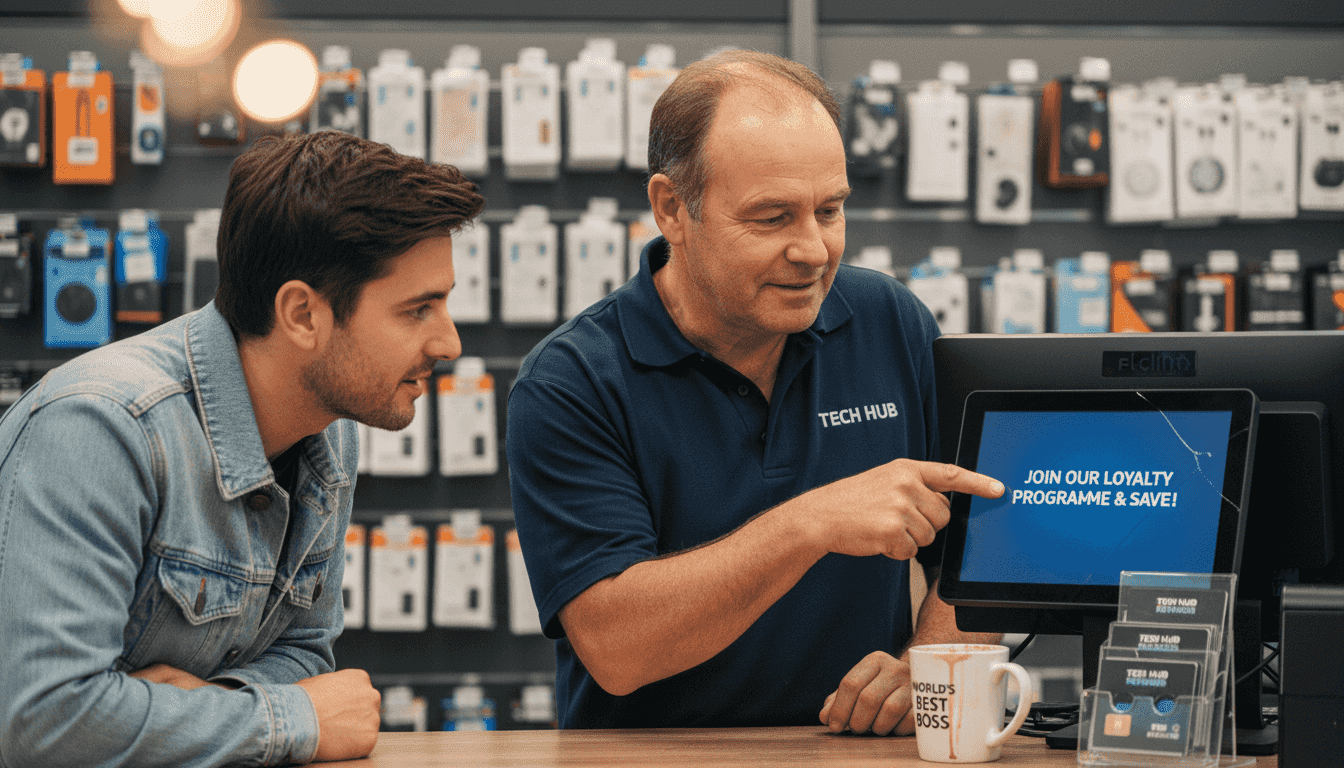 Manager showing customer loyalty programme on POS