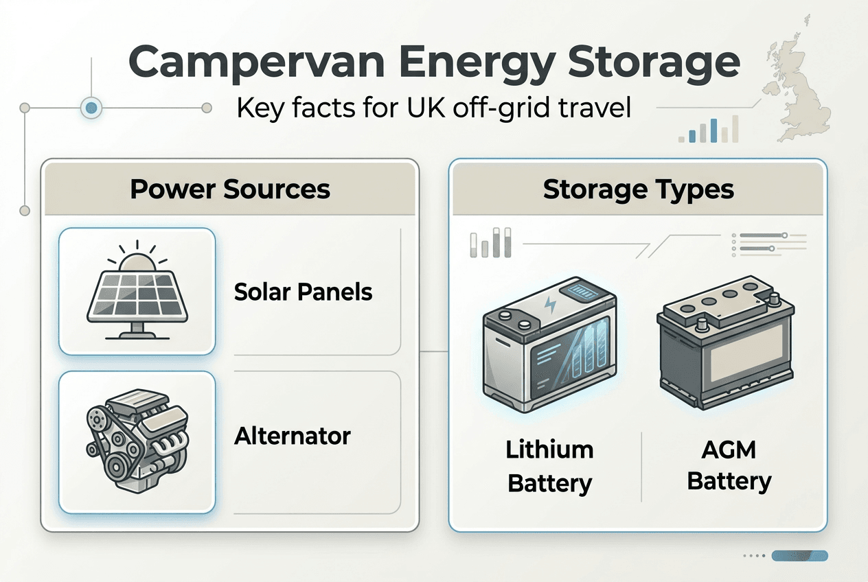 Infographic showing campervan energy storage basics