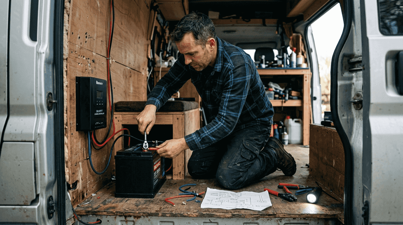 Man wiring solar charging system in campervan