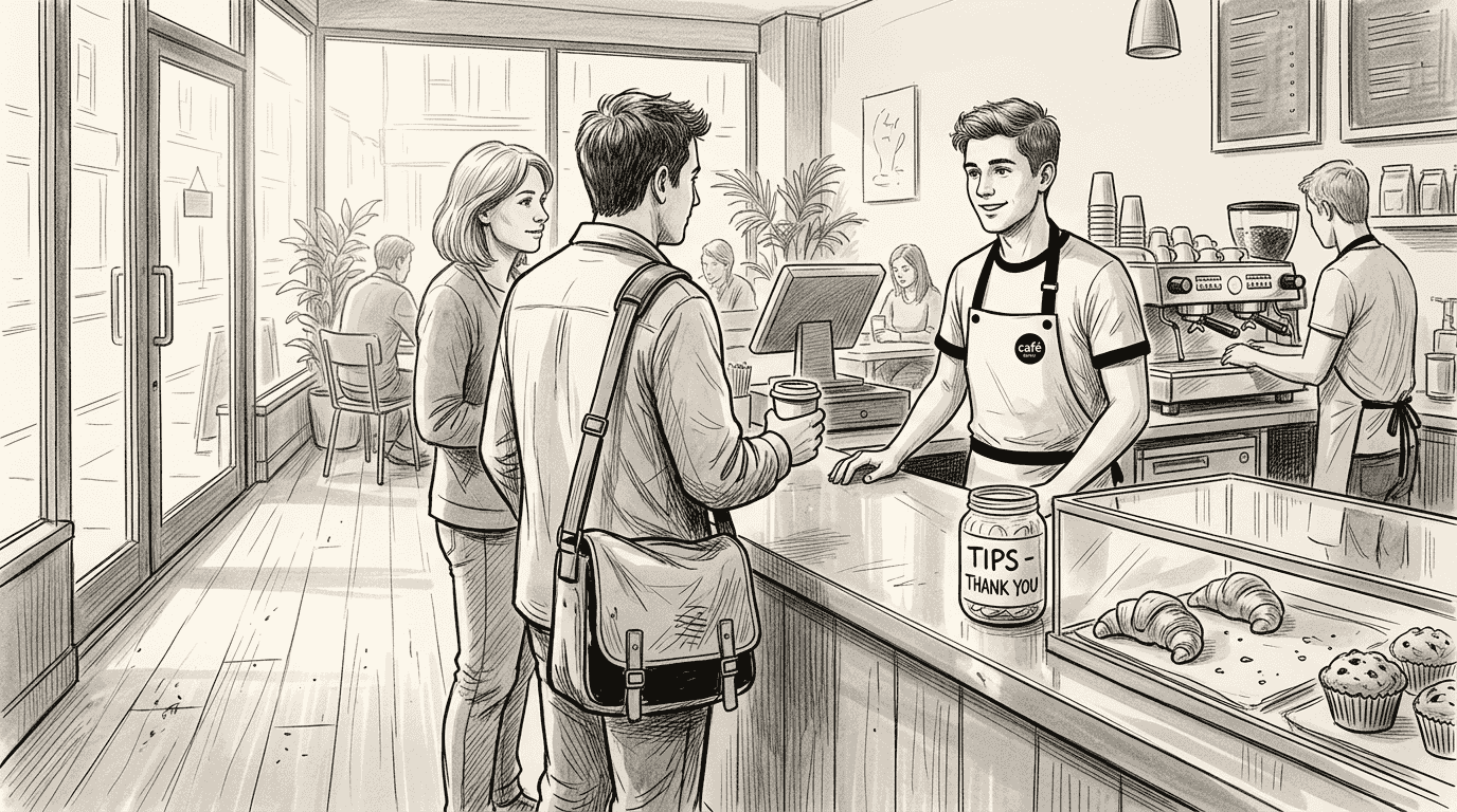 Barista serving queue at café counter