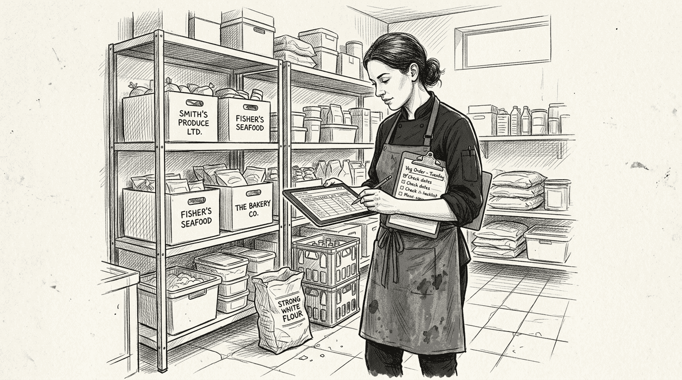 Kitchen manager tracking inventory with tablet